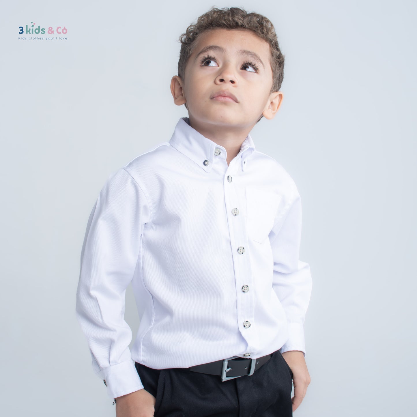 Boys' Button Down Long Sleeve White Pique Textured Solid