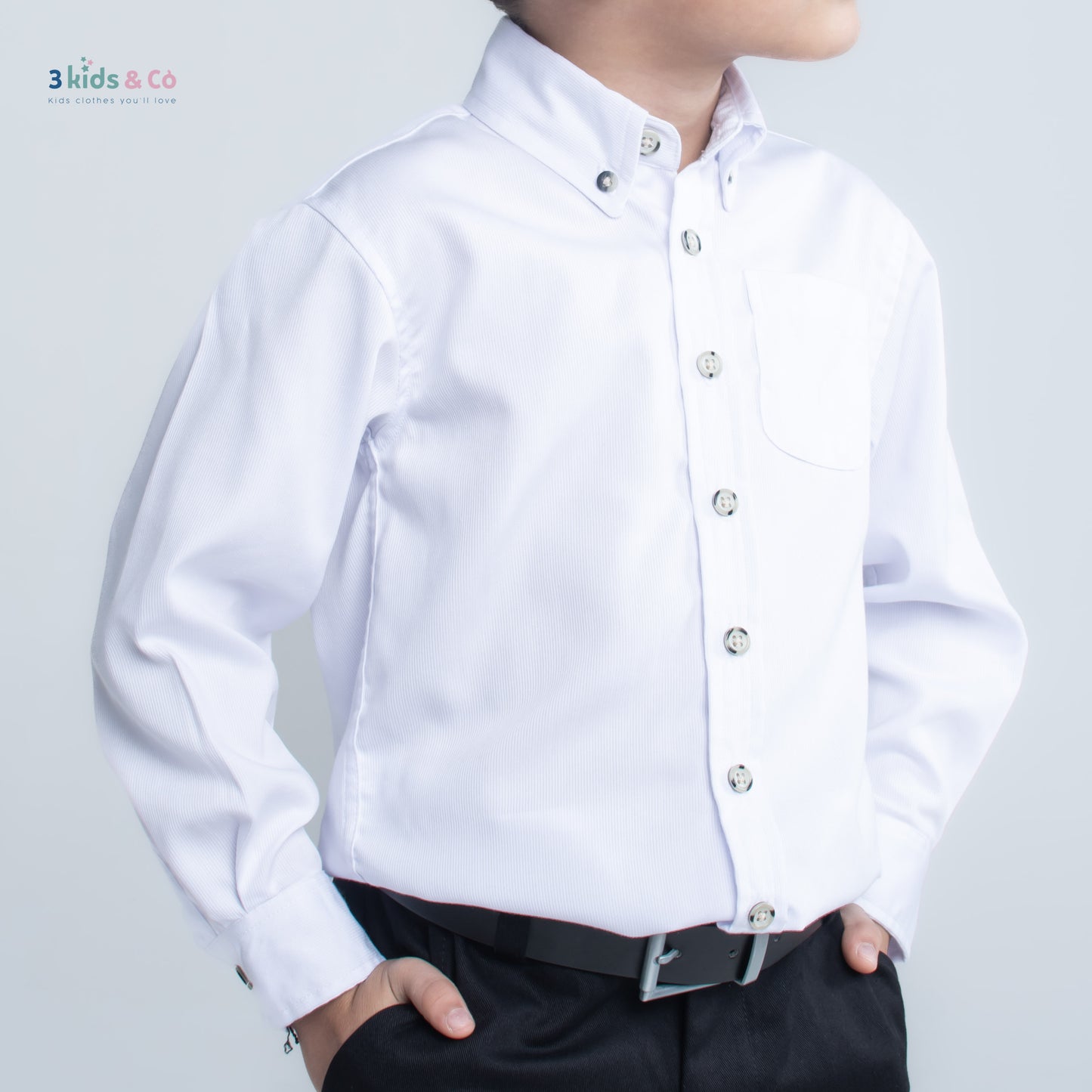 Boys' Button Down Long Sleeve White Pique Textured Solid