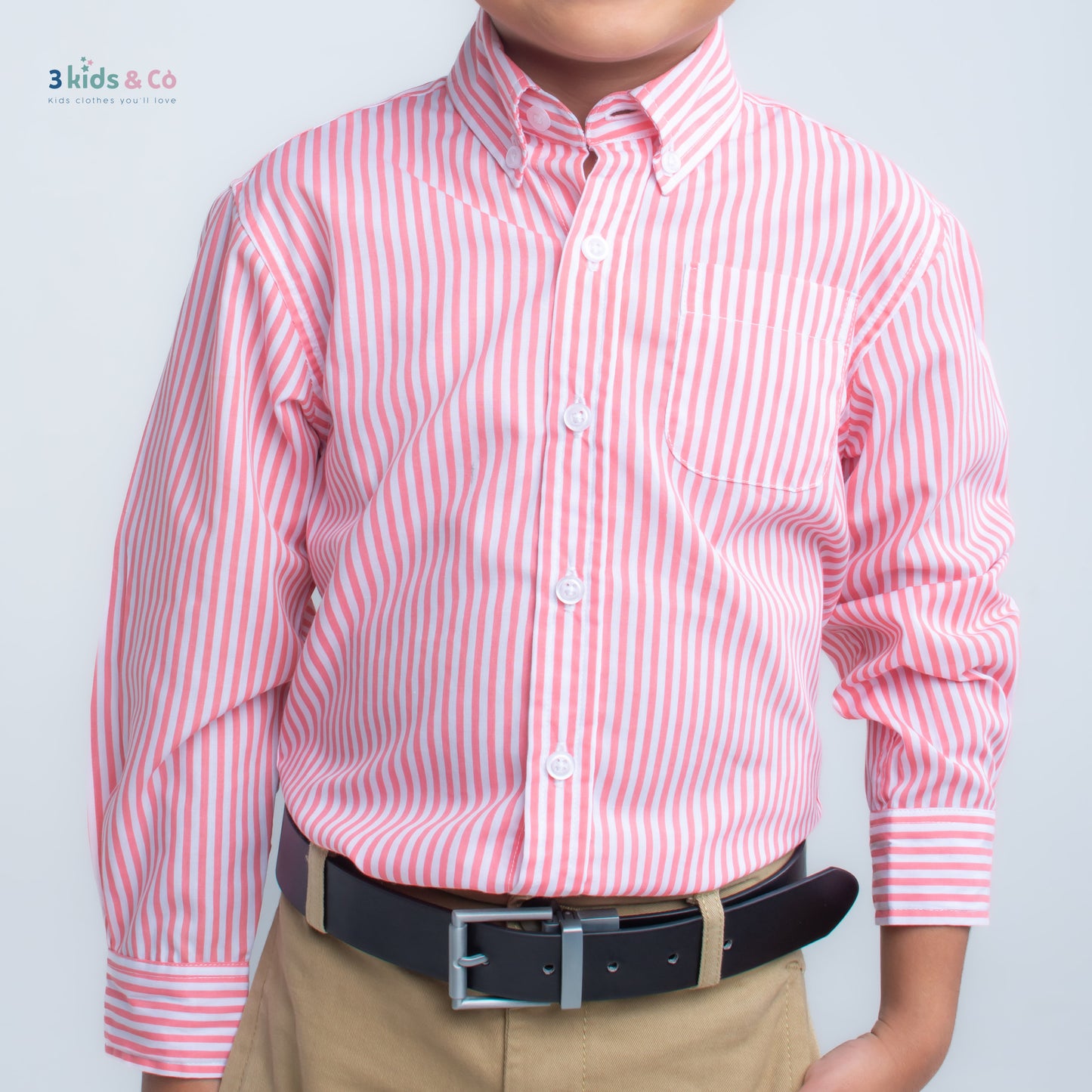 Boys' Button Down Long Sleeve Pink Striped Shirt