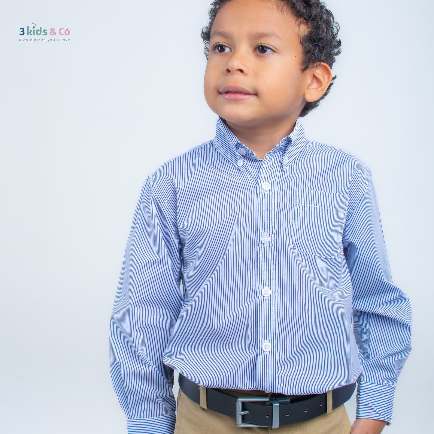 Boys' Long Sleeve Button Down Navy Pinstriped Shirt