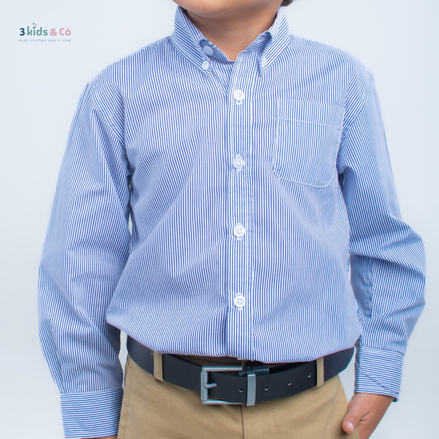 Boys' Long Sleeve Button Down Navy Pinstriped Shirt