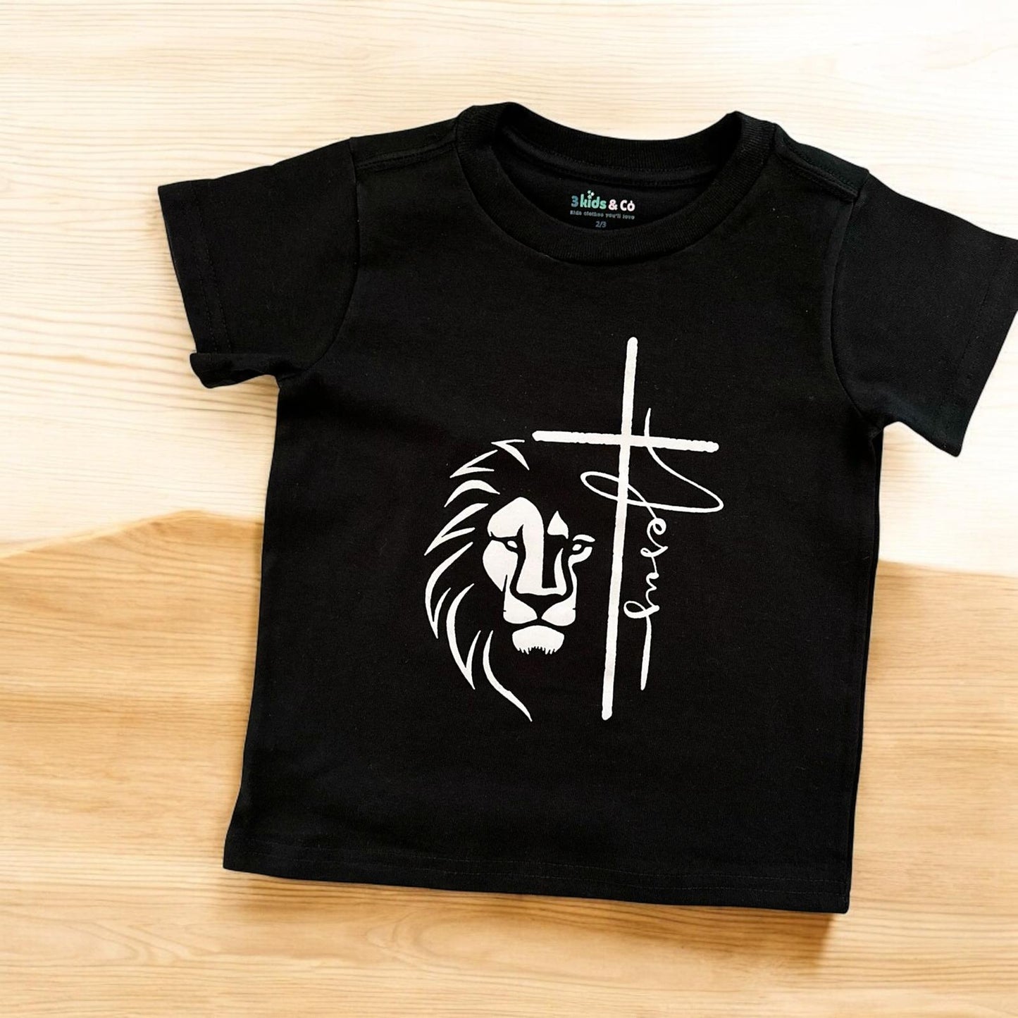 LITTLE DISCIPLES COLLECTION: LION & CROSS KIDS T-SHIRT, BLACK