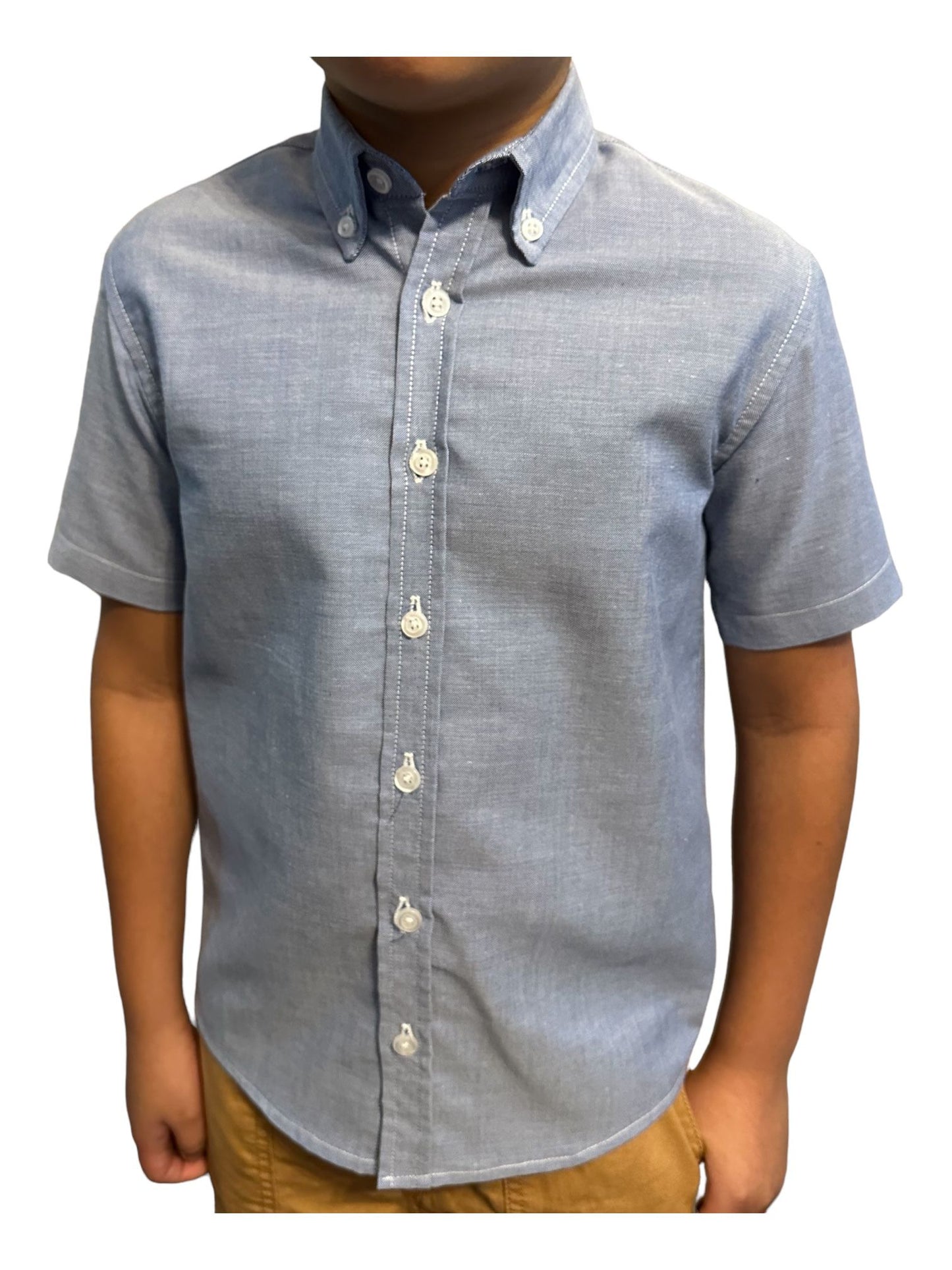 Boys Short Sleeve Button Down Dark Blue Chambray