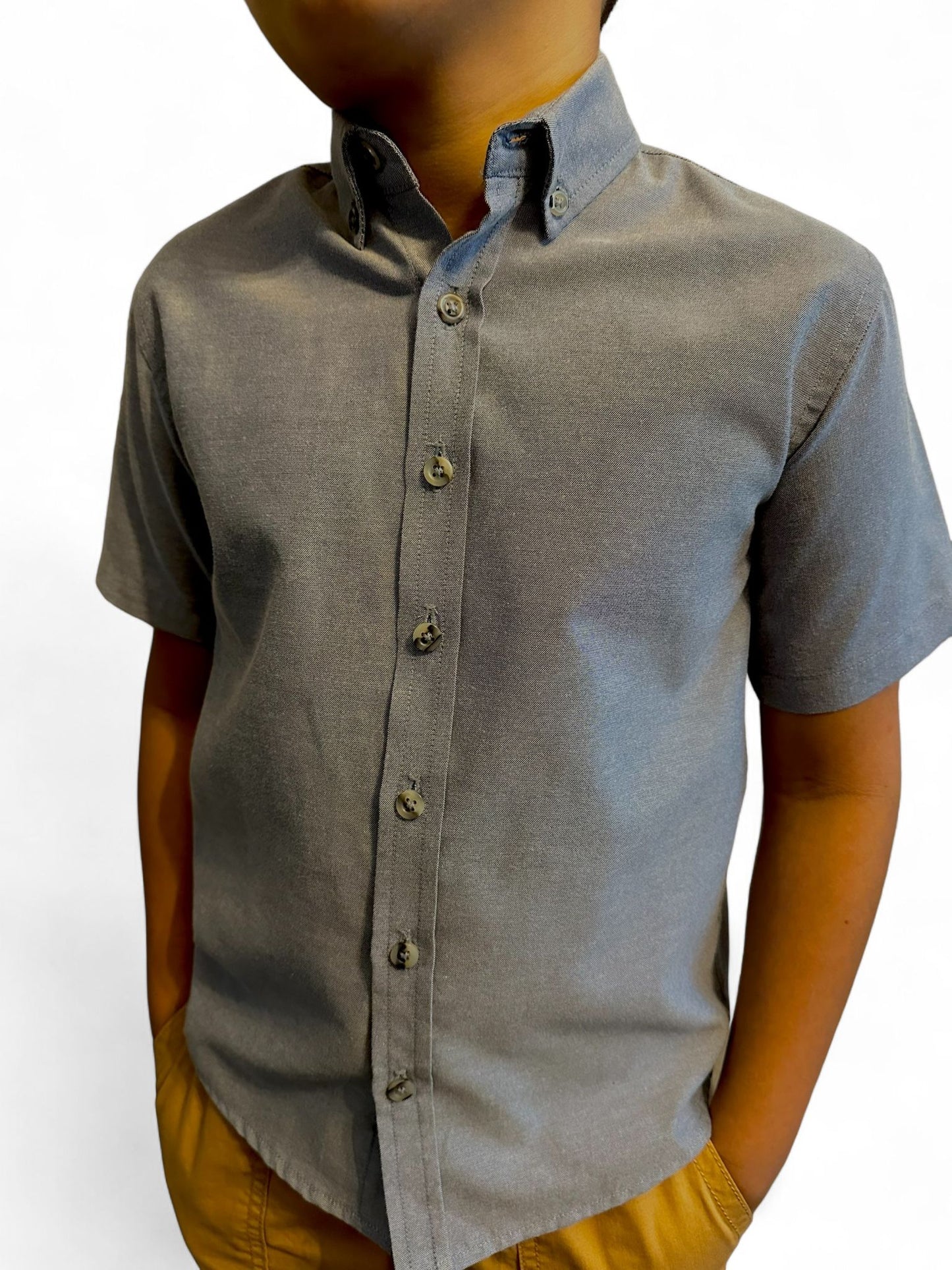 Boys Short Sleeve Button Down Gray Chambray