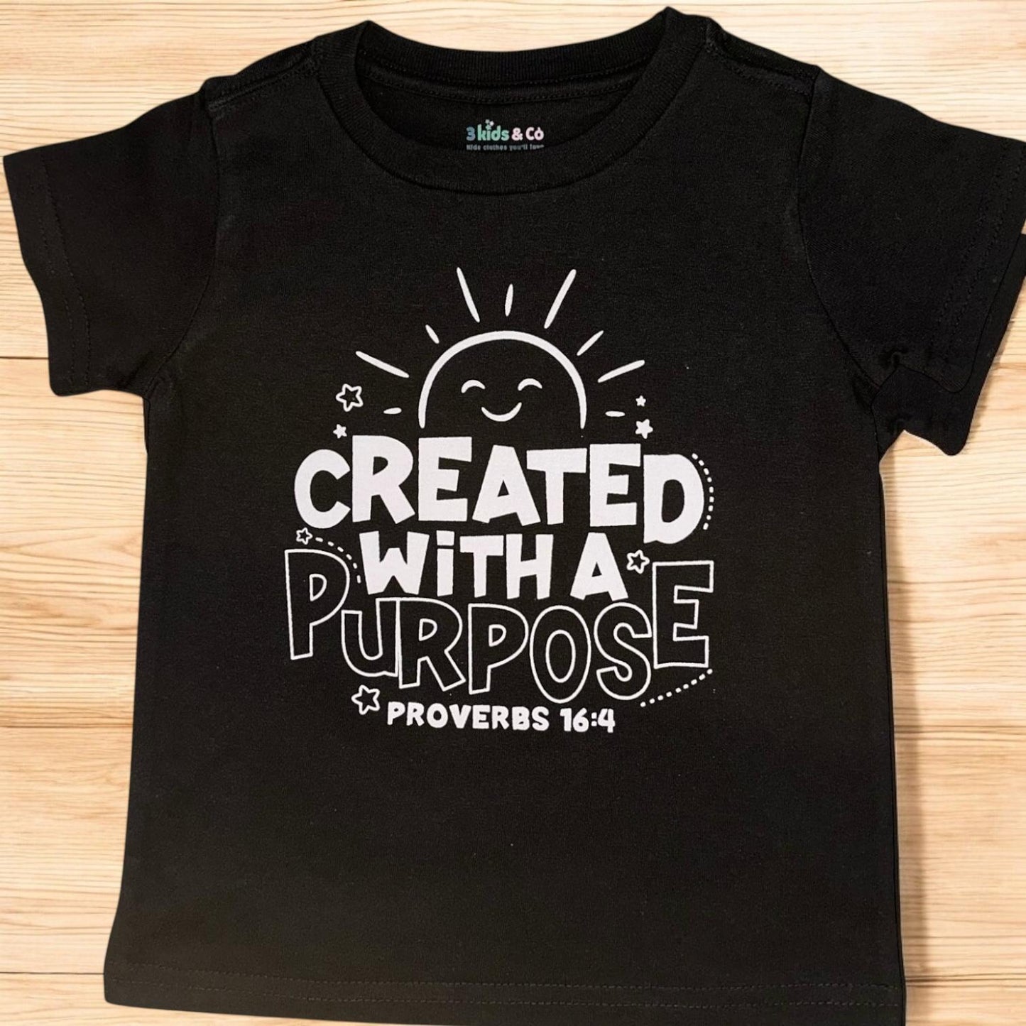 LITTLE DISCIPLES COLLECTION: "CREATED WITH A PURPOSE" LITTLE KIDS T-SHIRT, BLACK