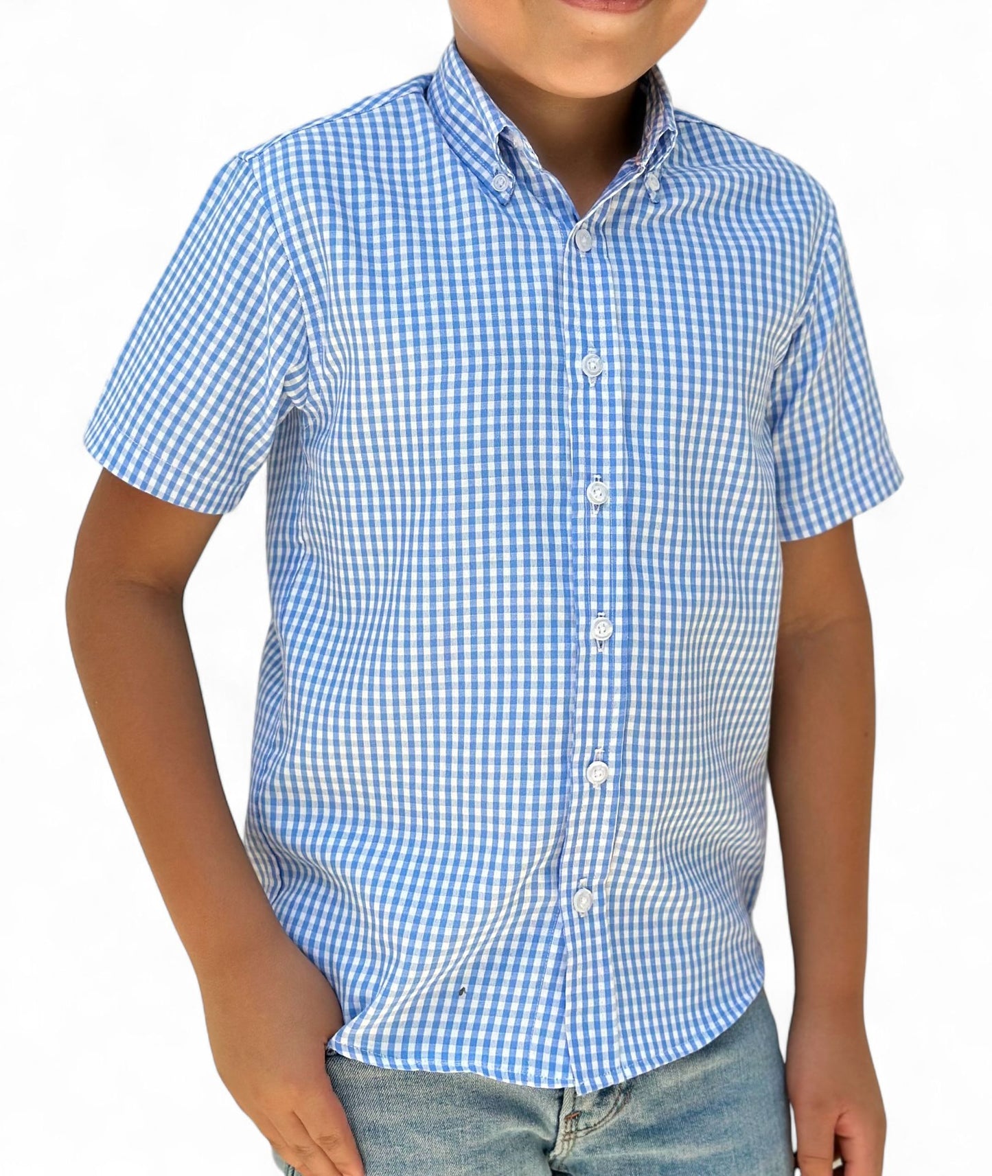 Boys' Short Sleeve Button Down Light Blue All-Season Gingham Plaid Shor Sleeve