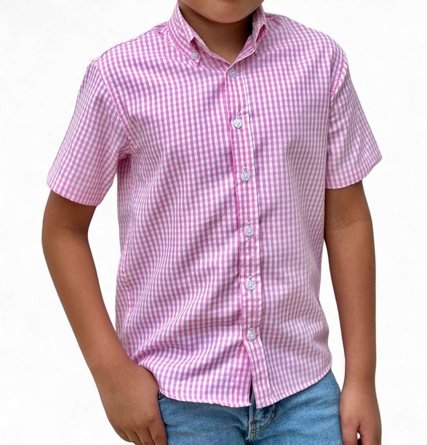 Boys' Button Down Pink All-Season Gingham Plaid Short Sleeve