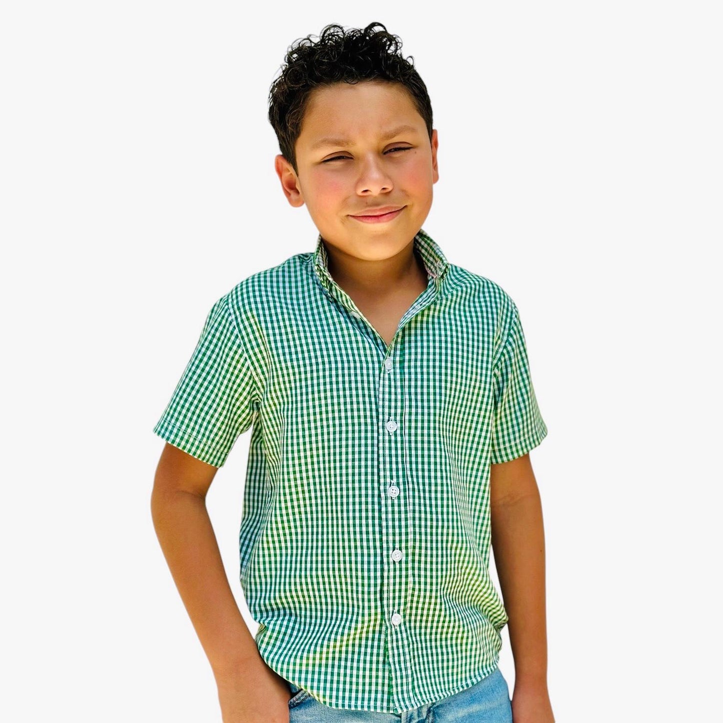 Boys' Short Sleeve Button Down Green All-Season Gingham Plaid