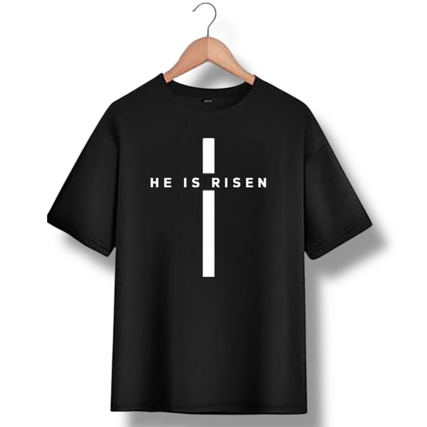 "He is Risen" on Cross kids Christian T-shirt in Black or White