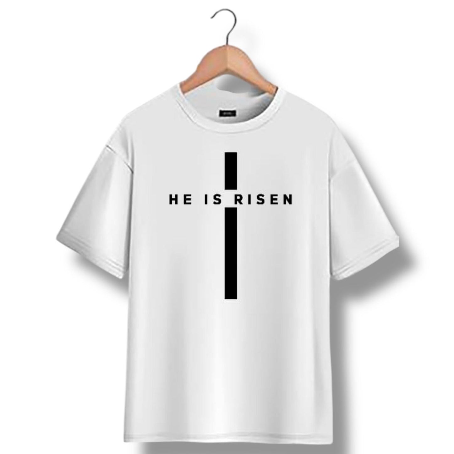 "He is Risen" on Cross kids Christian T-shirt in Black or White