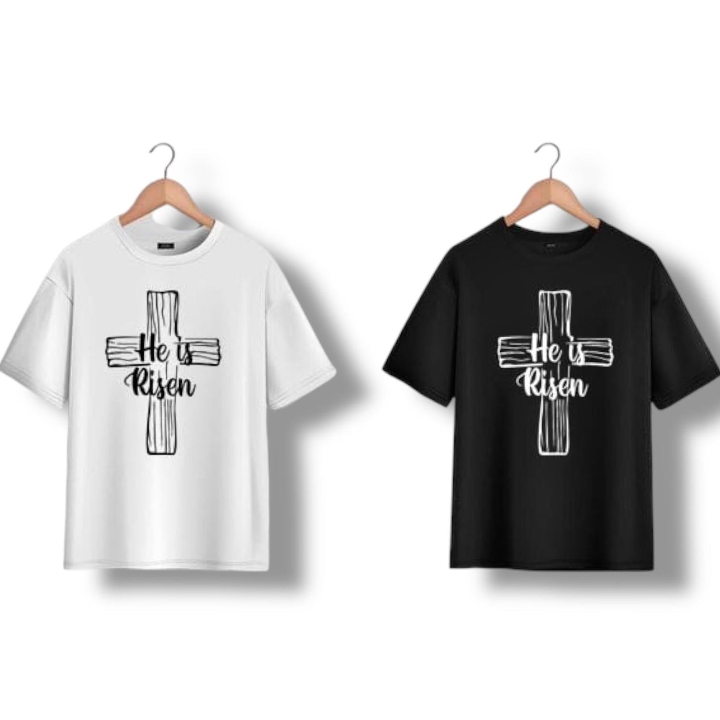 "He is Risen" on Wooden Cross kids Christian Tshirt in Black or White