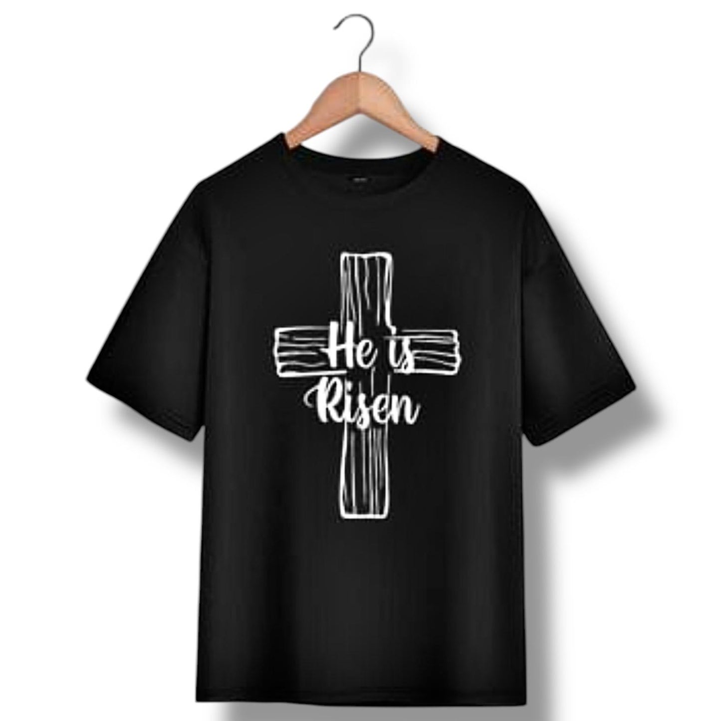 "He is Risen" on Wooden Cross kids Christian Tshirt in Black or White