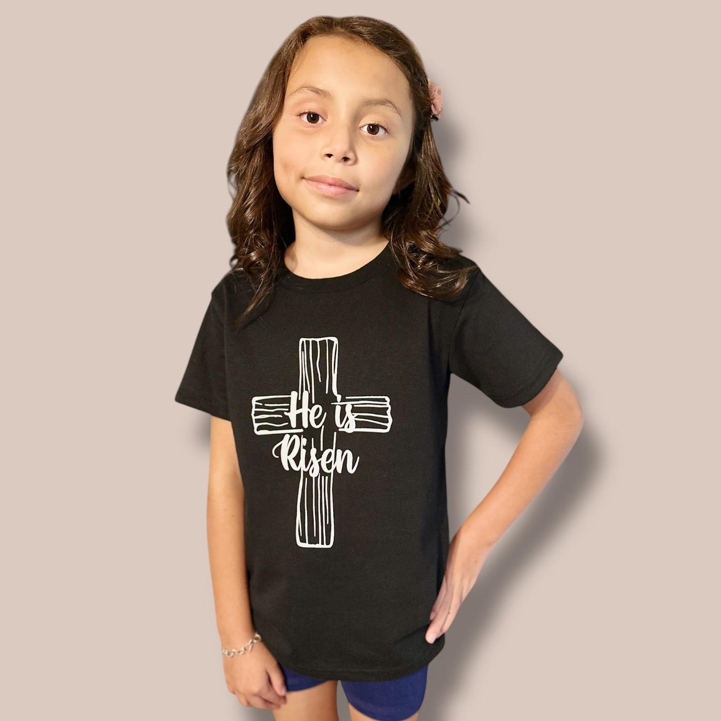 "He is Risen" on Wooden Cross kids Christian Tshirt in Black or White