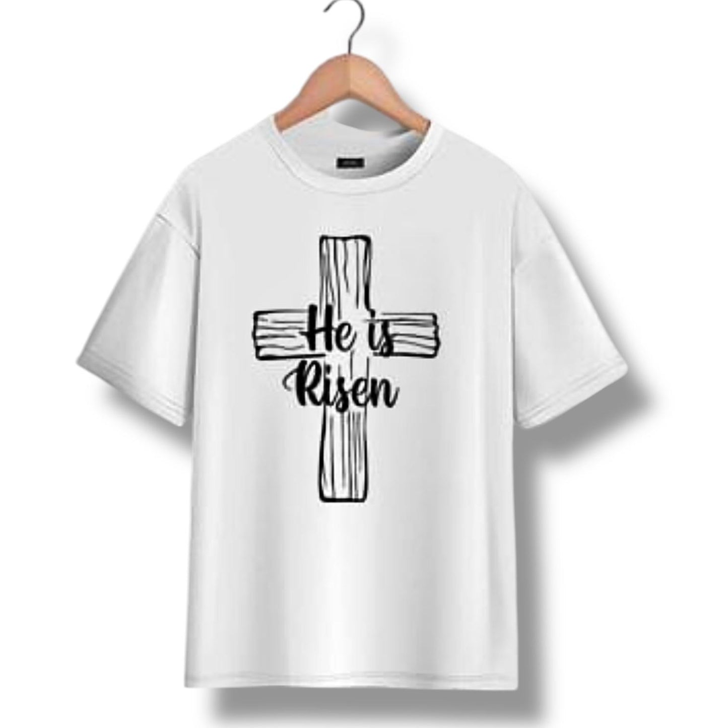 "He is Risen" on Wooden Cross kids Christian Tshirt in Black or White