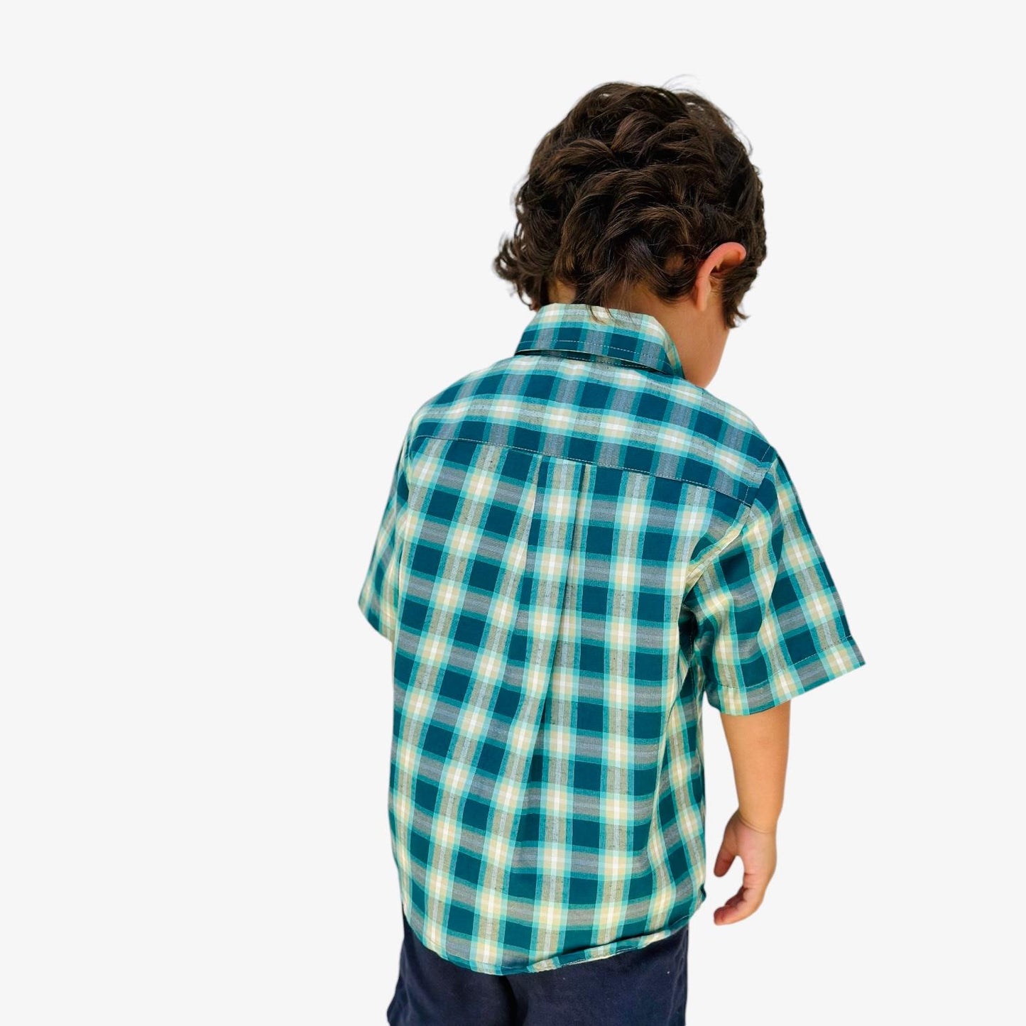 Boys' Short Sleeve Button Down Green Madras Plaid
