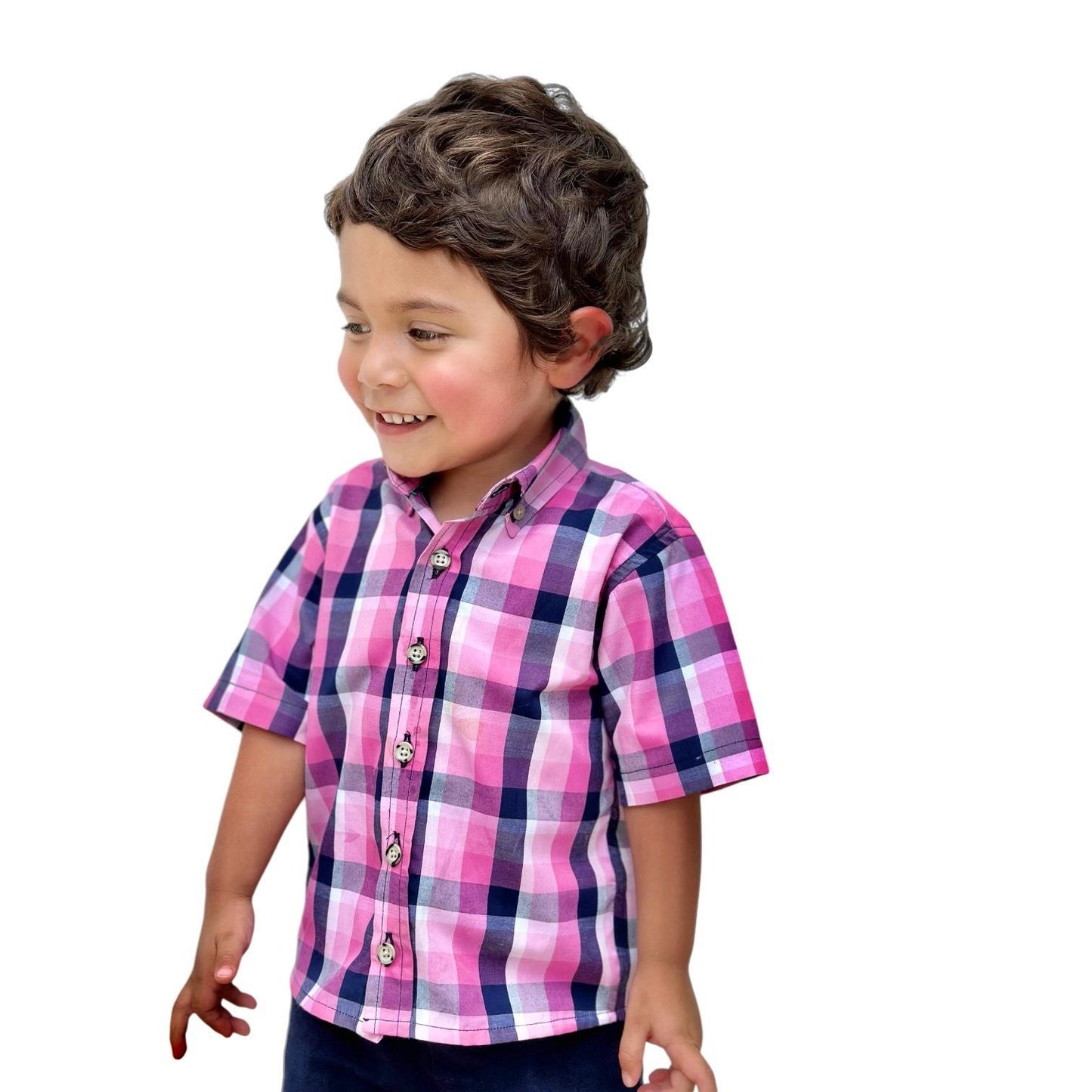 Boys' Short Sleeve Button Down Pink Madras Plaid