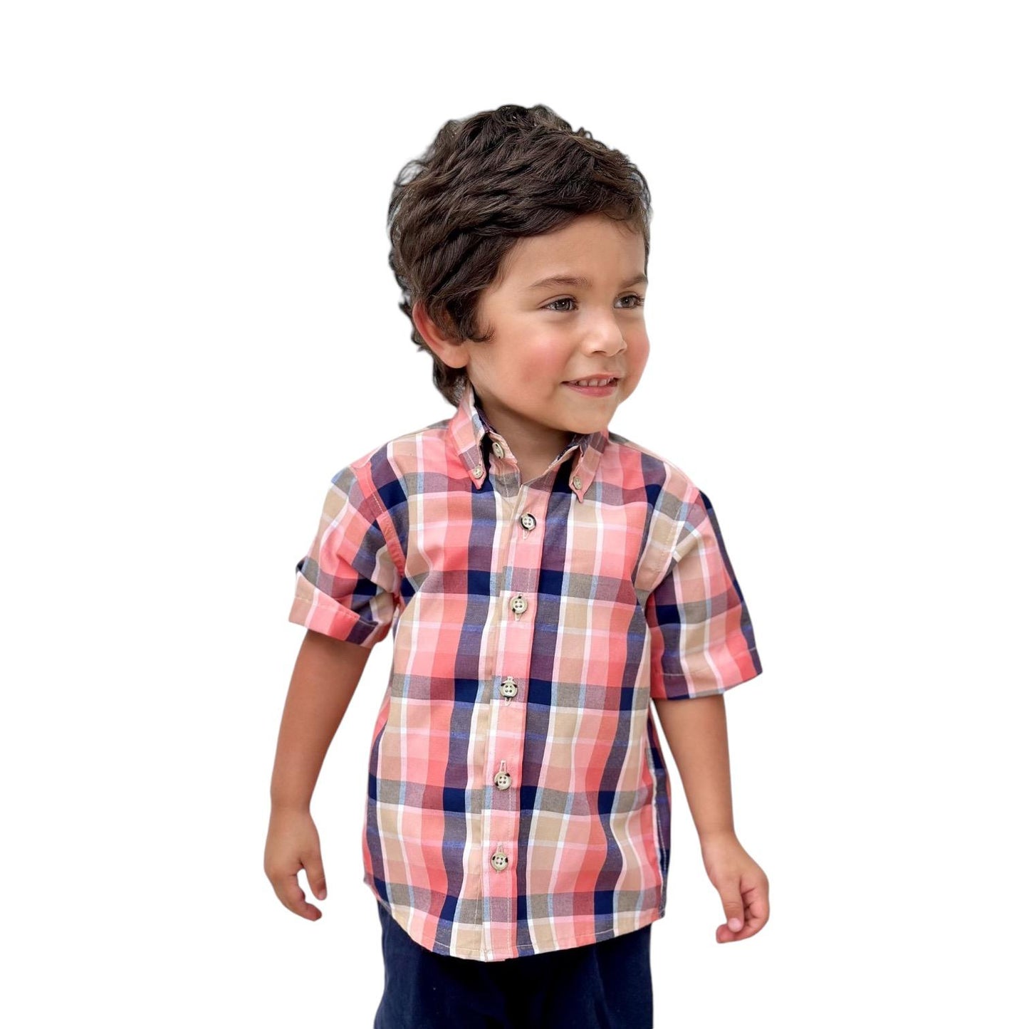 Boys' Short Sleeve Button Down Warm Tones Madras Plaid