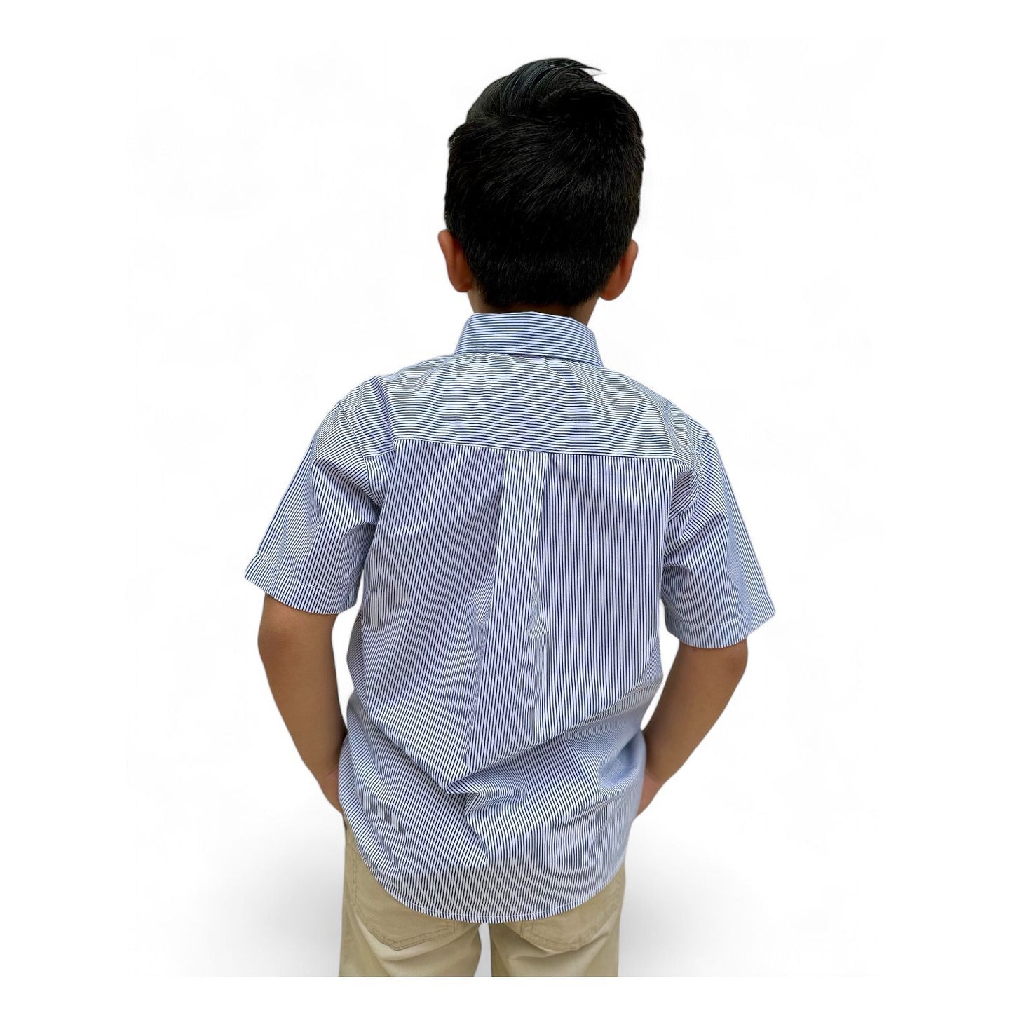 BOYS' BUTTON DOWN NAVY PIN STRIPE SHORT SLEEVE