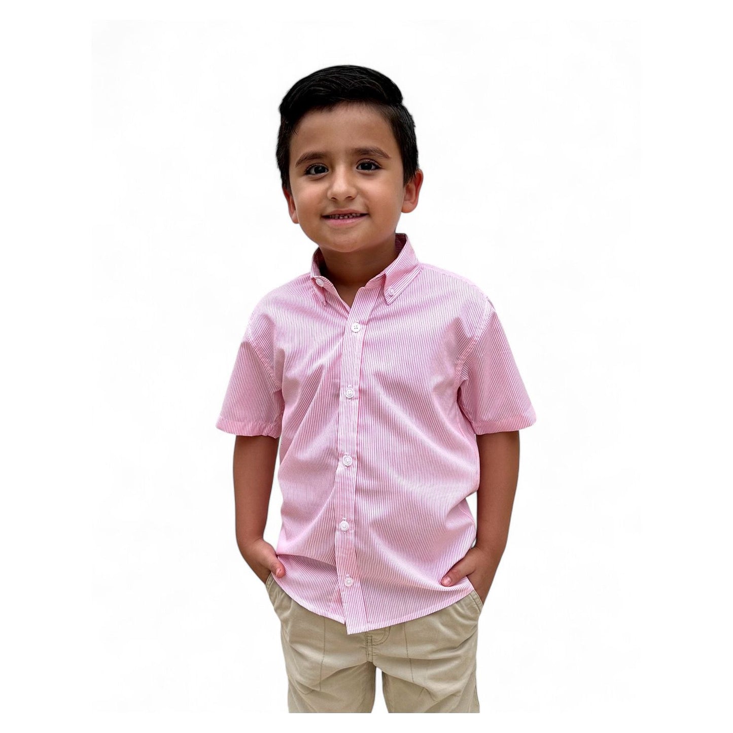 BOYS' BUTTON DOWN PINK PIN STRIPE SHORT SLEEVE