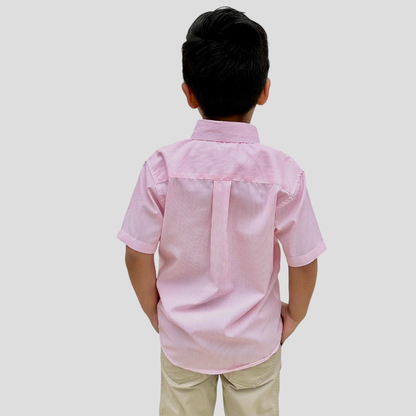 BOYS' BUTTON DOWN PINK PIN STRIPE SHORT SLEEVE