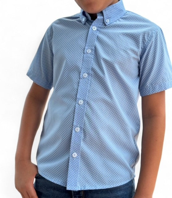 Boys Short Sleeve Button Down Light Blue Polka Dot Print