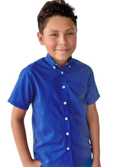 Boys Short Sleeve Button Down Blue Polka Dot Print