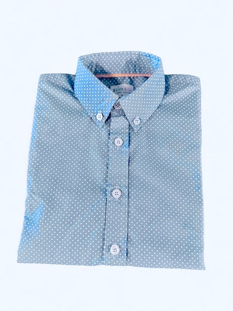 Boys Short Sleeve Button Down Light Blue Polka Dot Print