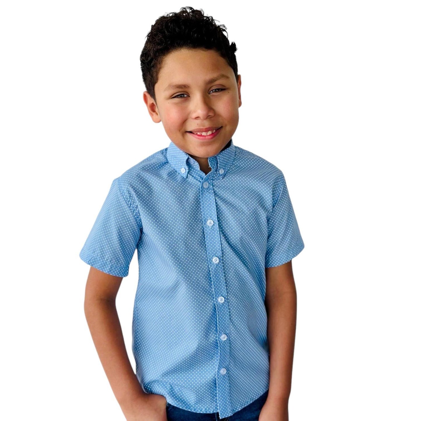 Boys Short Sleeve Button Down Light Blue Polka Dot Print