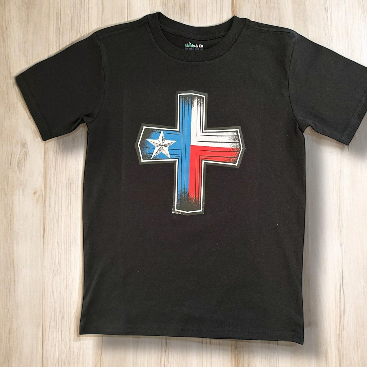 LITTLE DISCIPLES COLLECTION: TEXAS FLAG, CHRISTIAN CROSS BIG KIDS T-SHIRT, BLACK