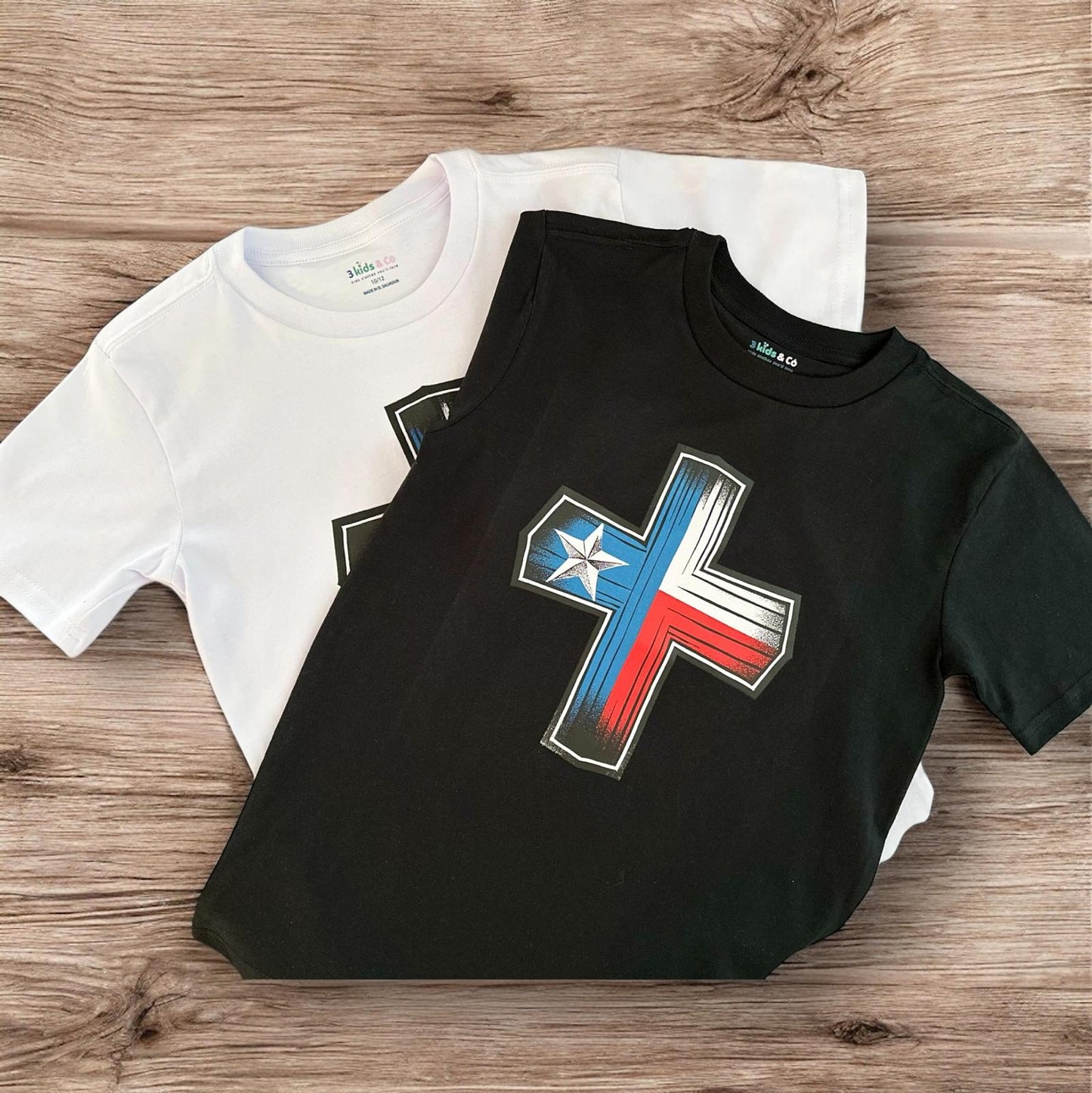 LITTLE DISCIPLES COLLECTION: TEXAS FLAG, CHRISTIAN CROSS BIG KIDS T-SHIRT, WHITE