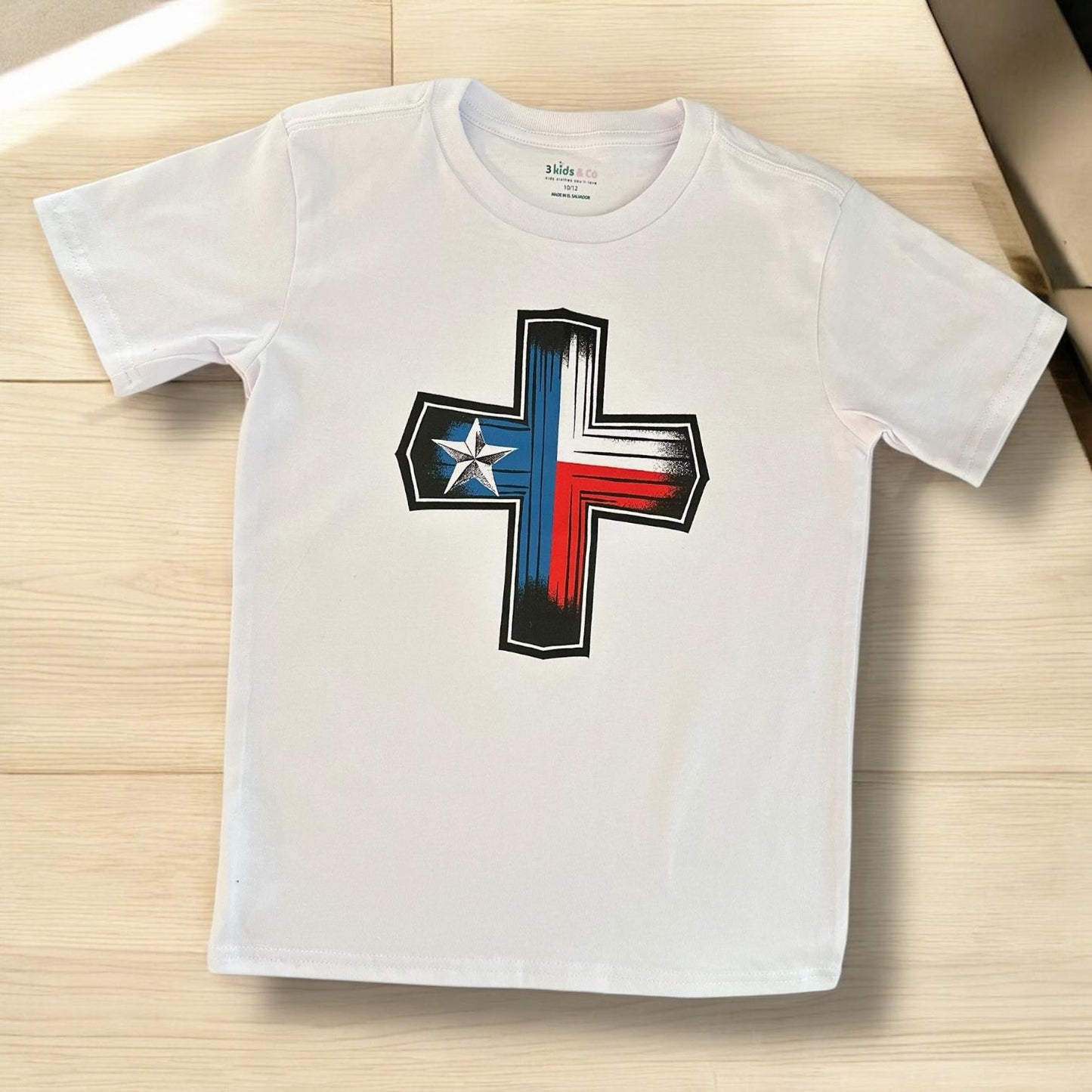 LITTLE DISCIPLES COLLECTION: TEXAS FLAG, CHRISTIAN CROSS BIG KIDS T-SHIRT, WHITE