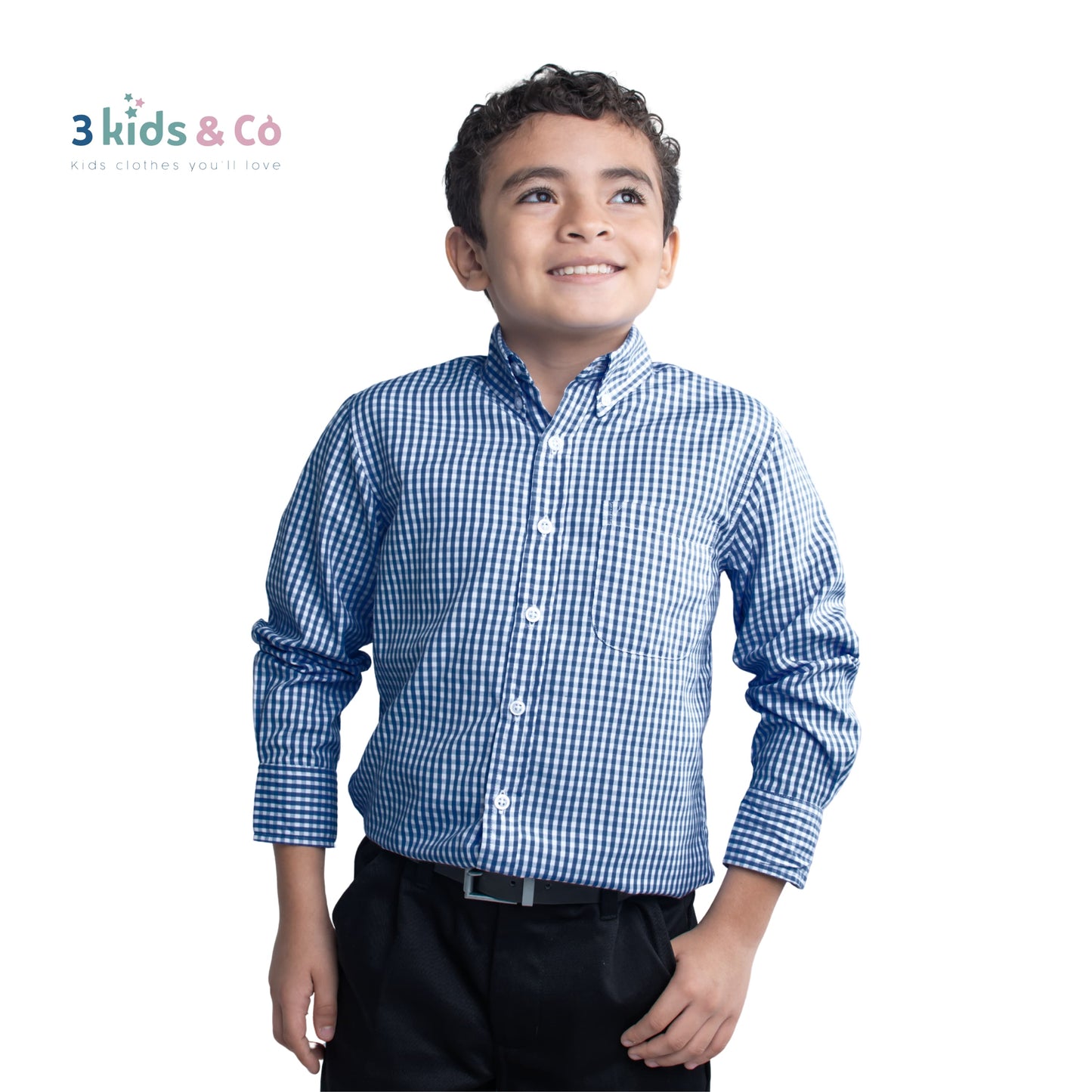 Boys' Long Sleeve Button Down All-Season Gingham Navy Plaid