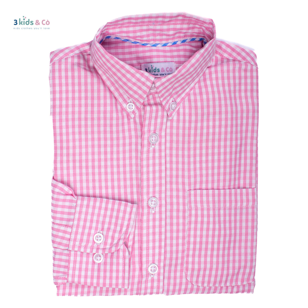 Boys' Long Sleeve Button Down All-Season Gingham Pink Plaid