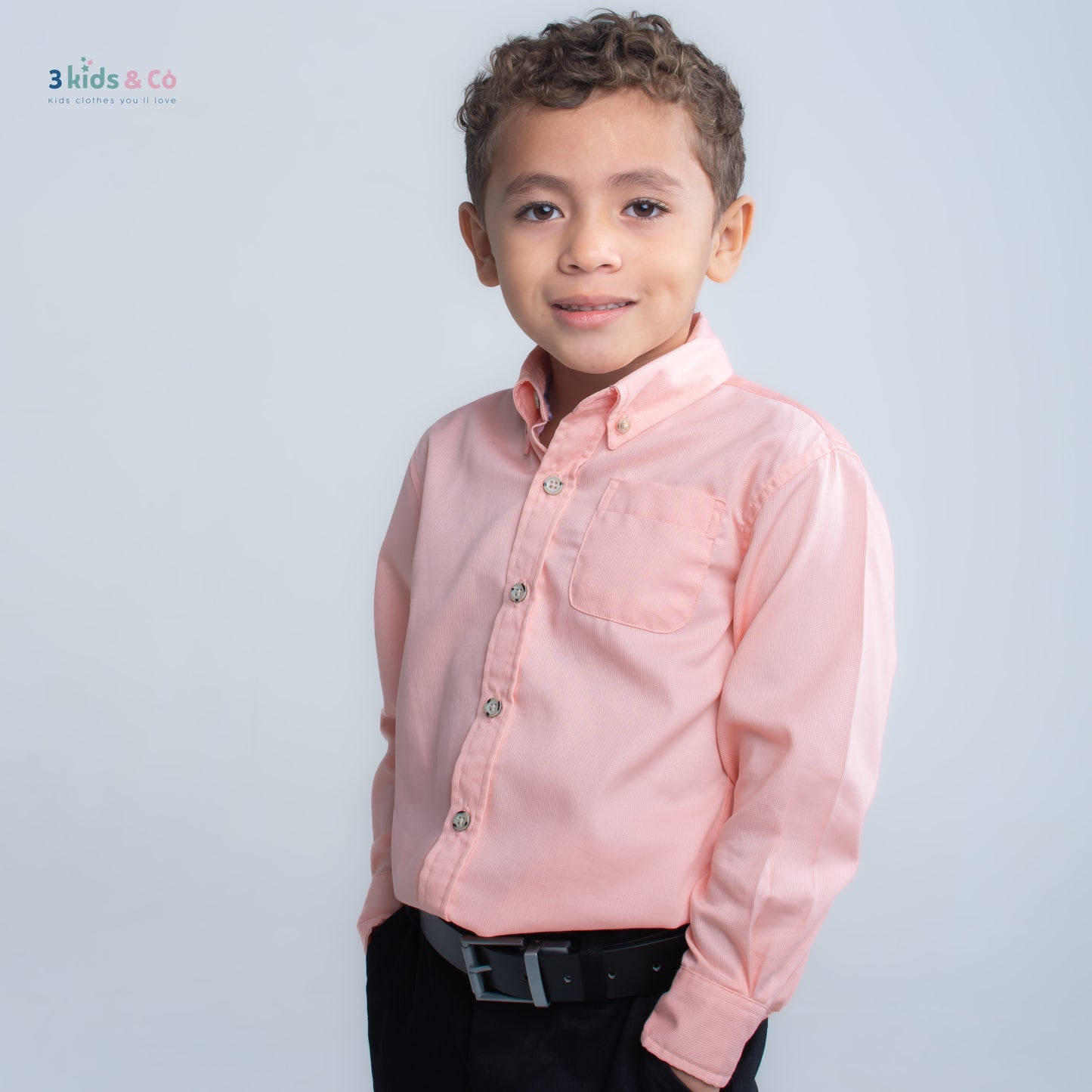 Boys' Button Down Long Sleeve Pique Salmon Textured Solids