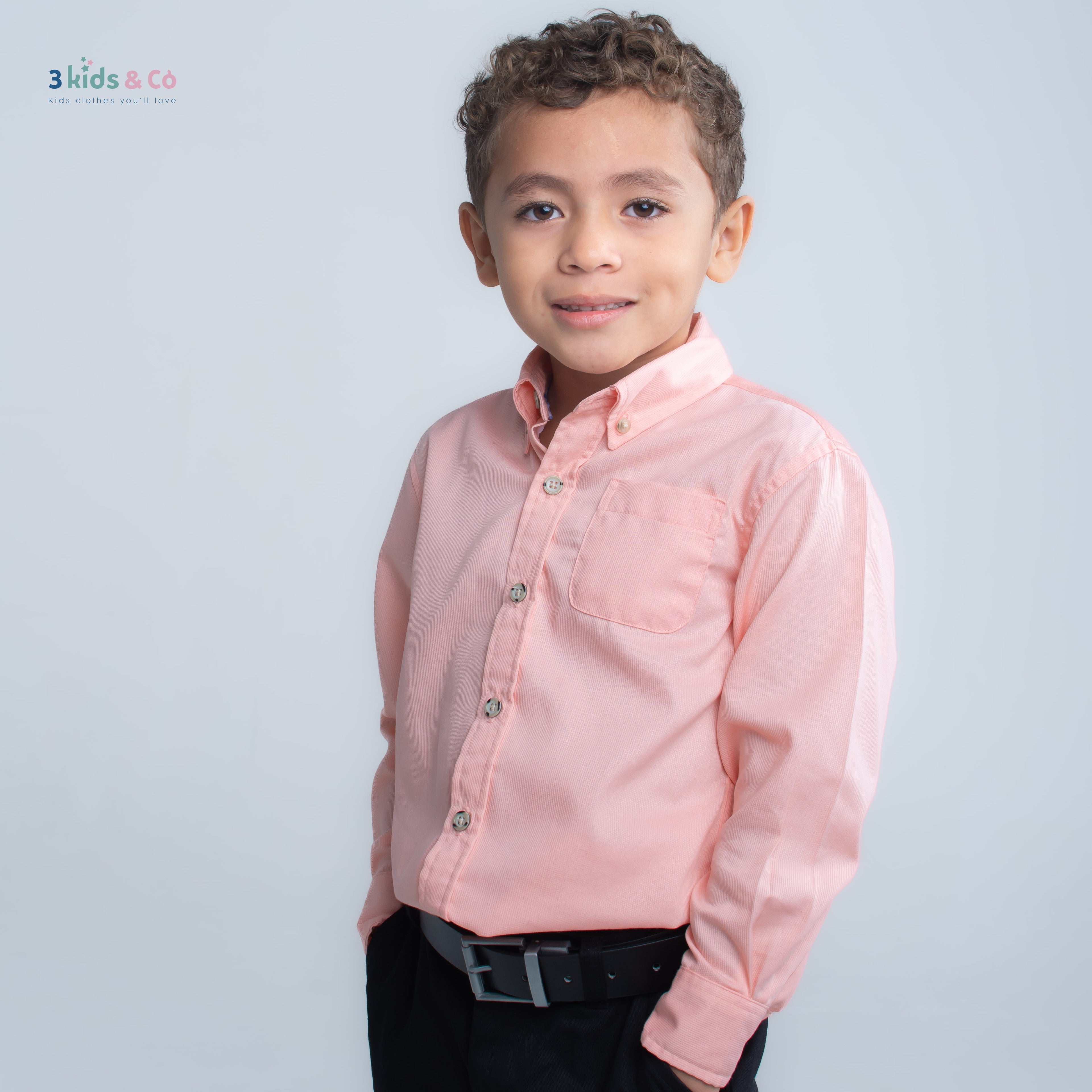 Boys' Button Down Long Sleeve Pique Salmon Textured Solids