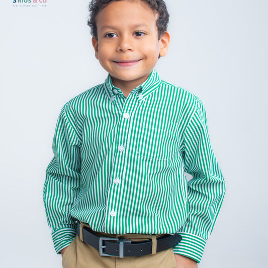 Boys' Button Down Long Sleeve Green Striped Shirt