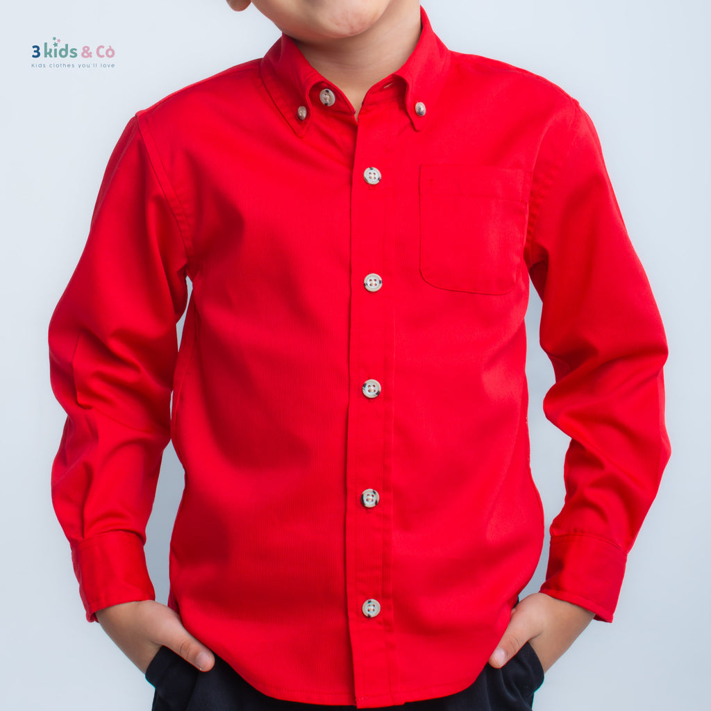 Boys' Button Down Long Sleeve Pique Cherry Textured Solids