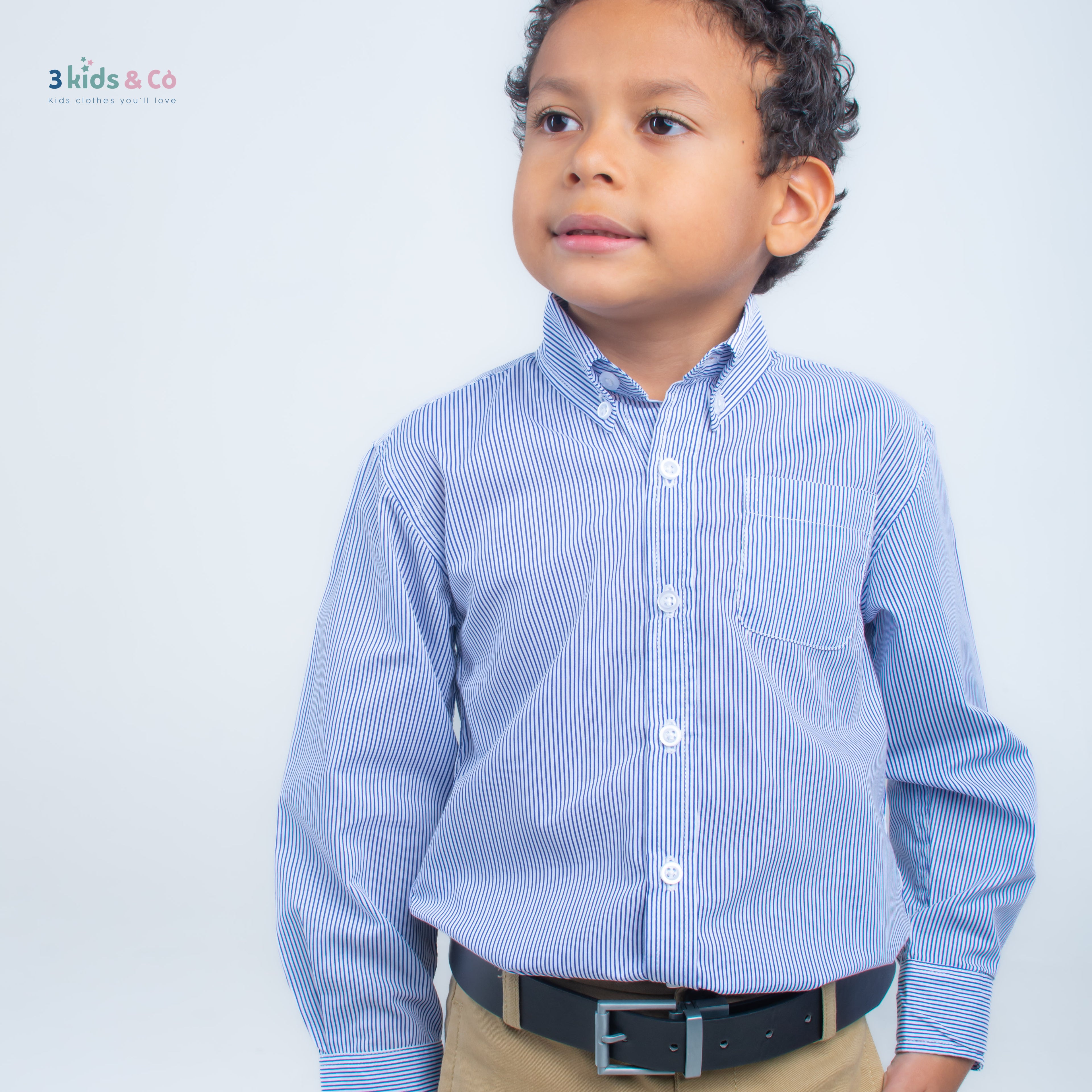 Boys' Long Sleeve Button Down Navy Pinstriped Shirt