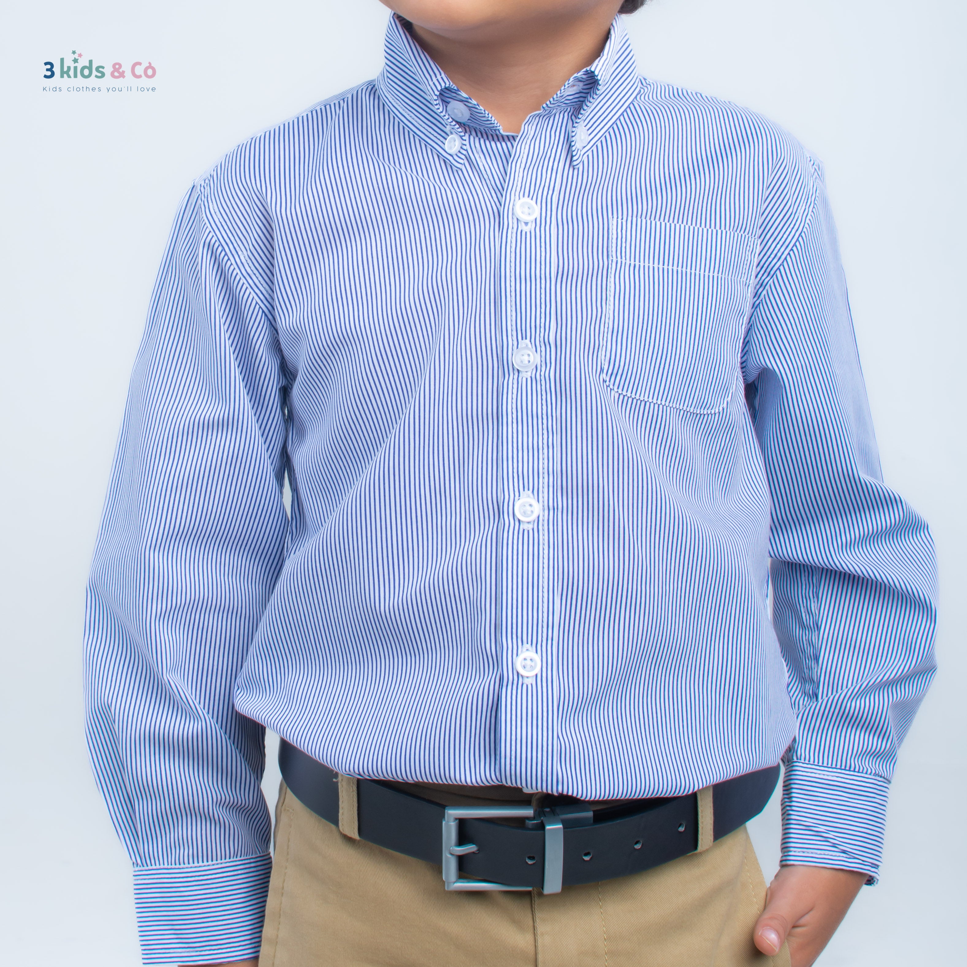 Boys' Long Sleeve Button Down Navy Pinstriped Shirt