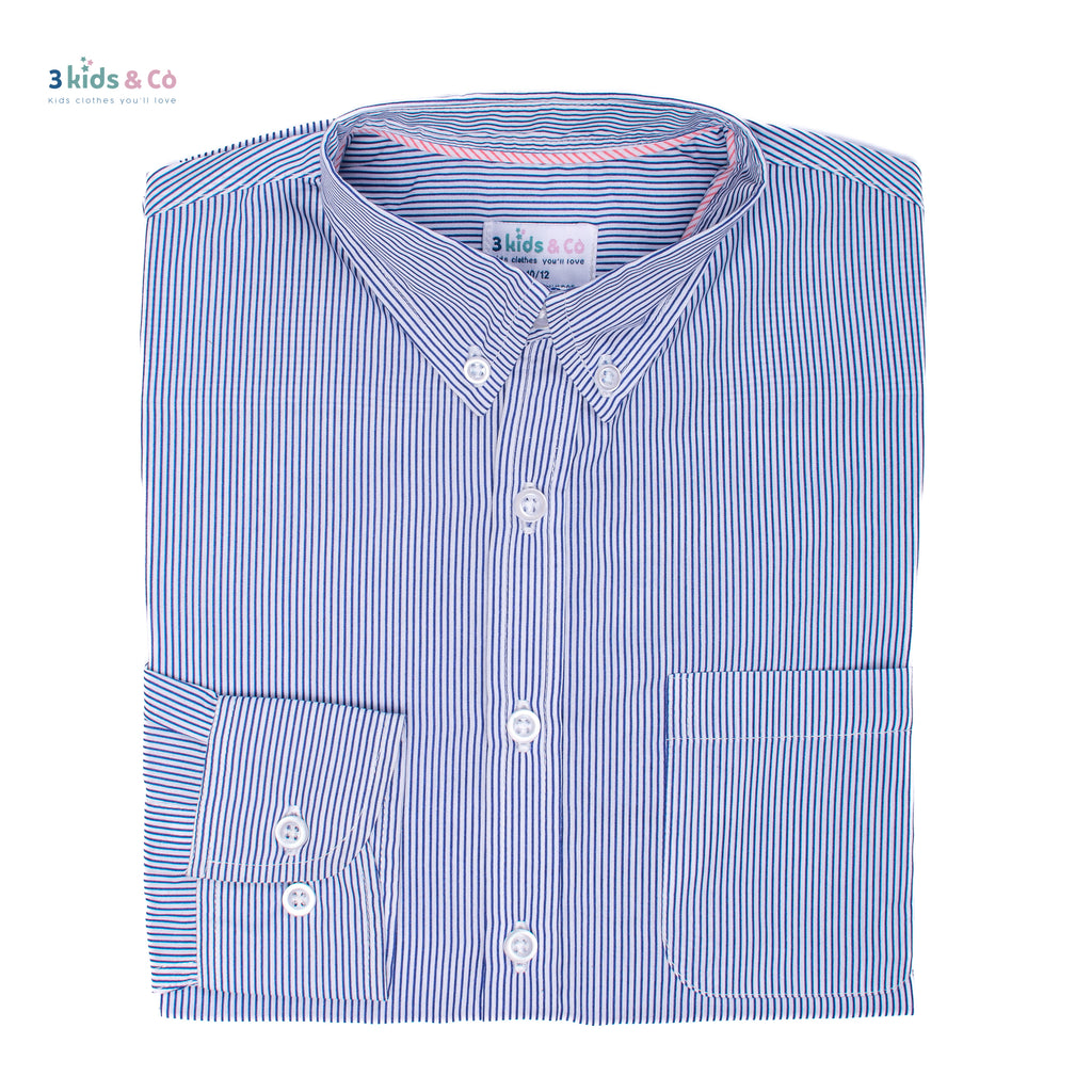 Boys' Long Sleeve Button Down Navy Pinstriped Shirt