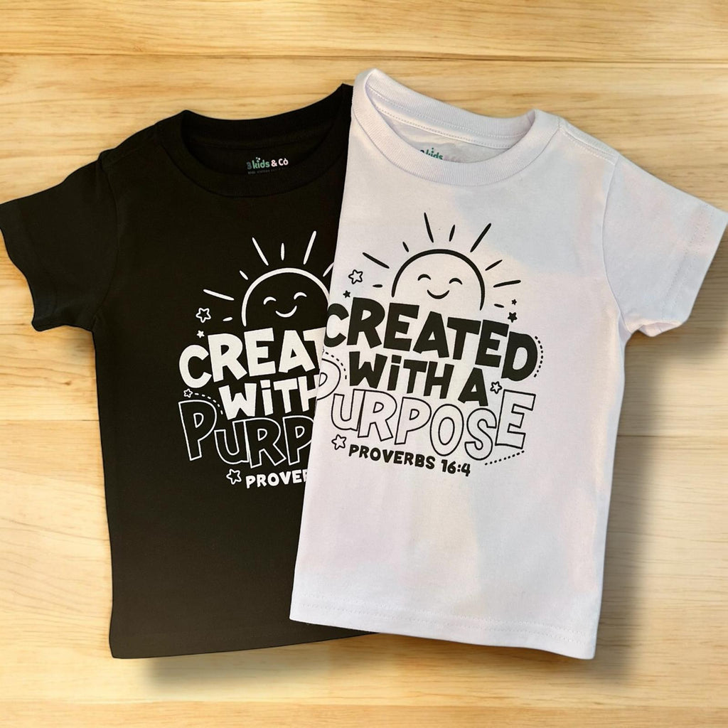 LITTLE DISCIPLES COLLECTION: "CREATED WITH A PURPOSE" LITTLE KIDS T-SHIRT, WHITE