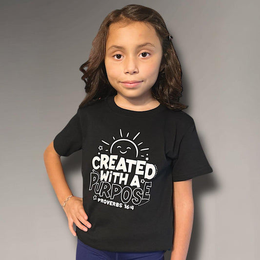 LITTLE DISCIPLES COLLECTION: "CREATED WITH A PURPOSE" LITTLE KIDS T-SHIRT, BLACK