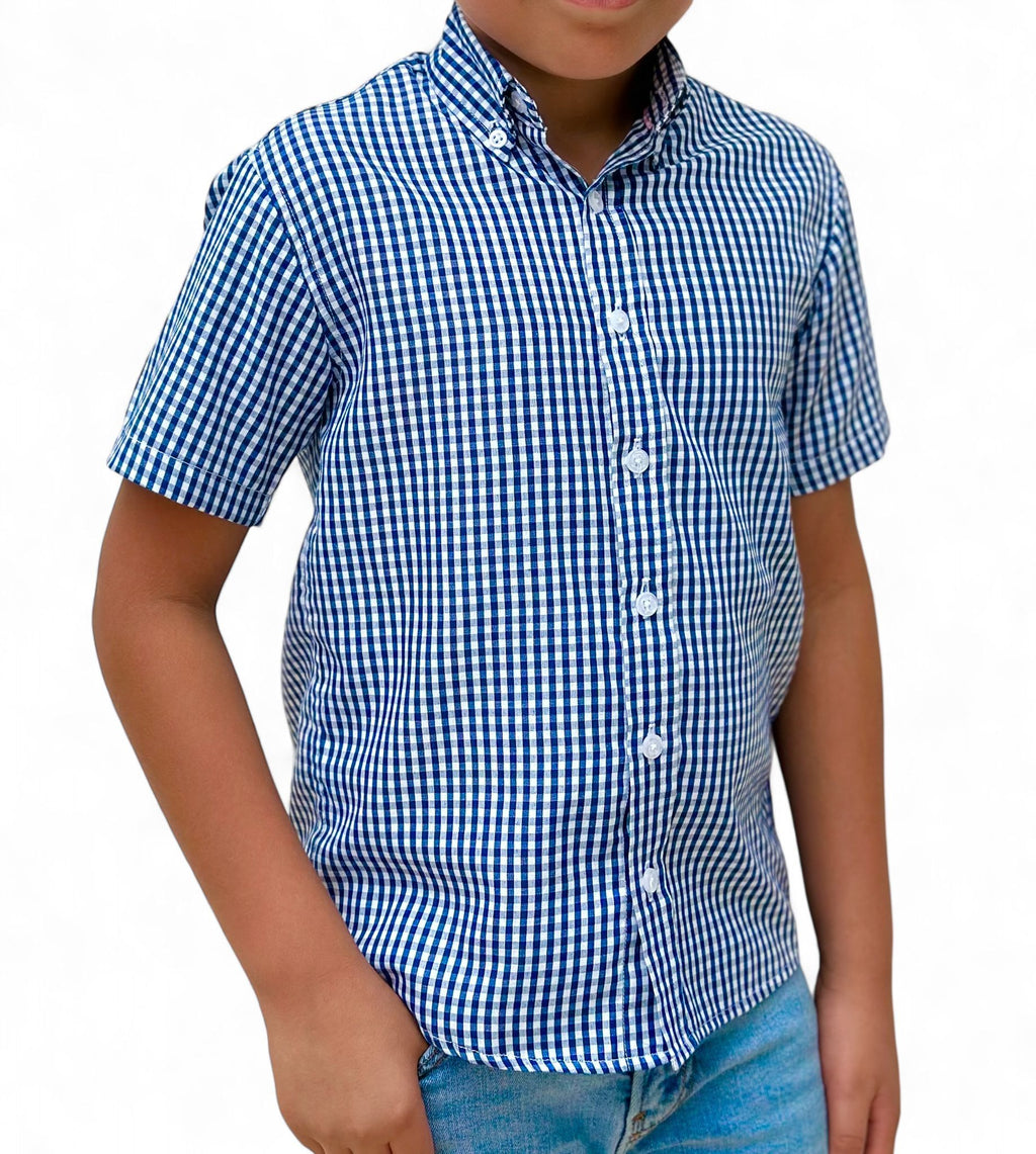 Boys' Short Sleeve Button Down Blue All-Season Gingham Plaid