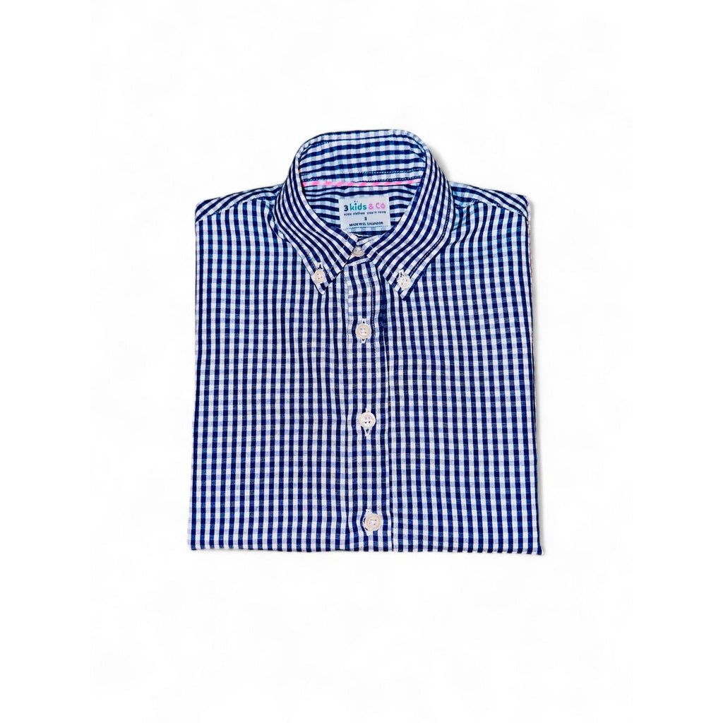 Boys' Short Sleeve Button Down Blue All-Season Gingham Plaid