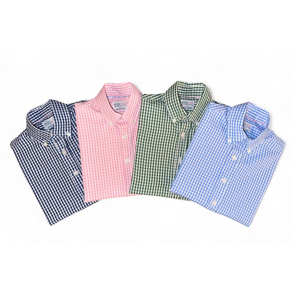 Boys' Short Sleeve Button Down Light Blue All-Season Gingham Plaid
