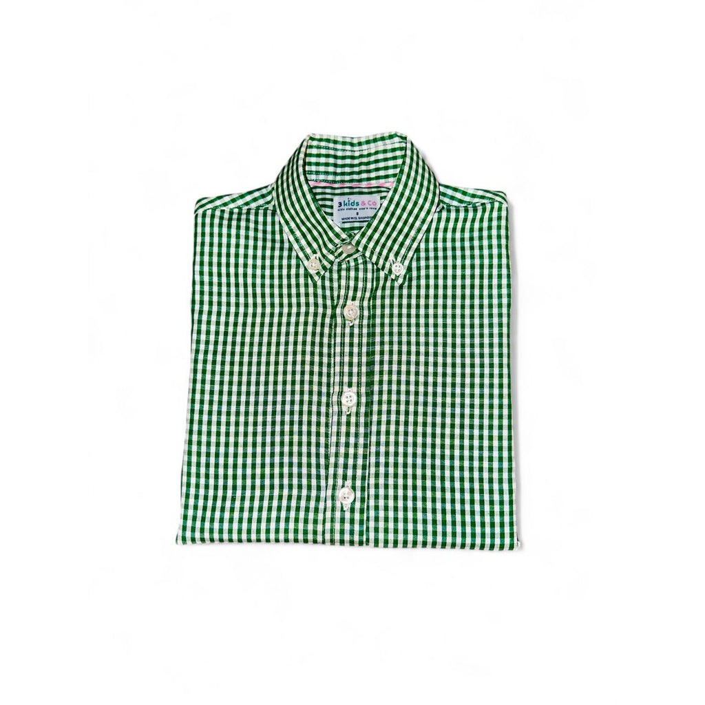 Boys' Short Sleeve Button Down Green All-Season Gingham Plaid