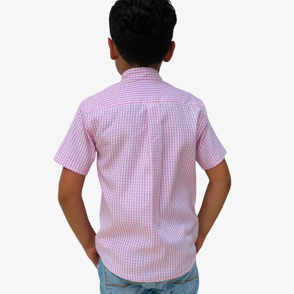 Boys' Button Down Pink All-Season Gingham Plaid Short Sleeve