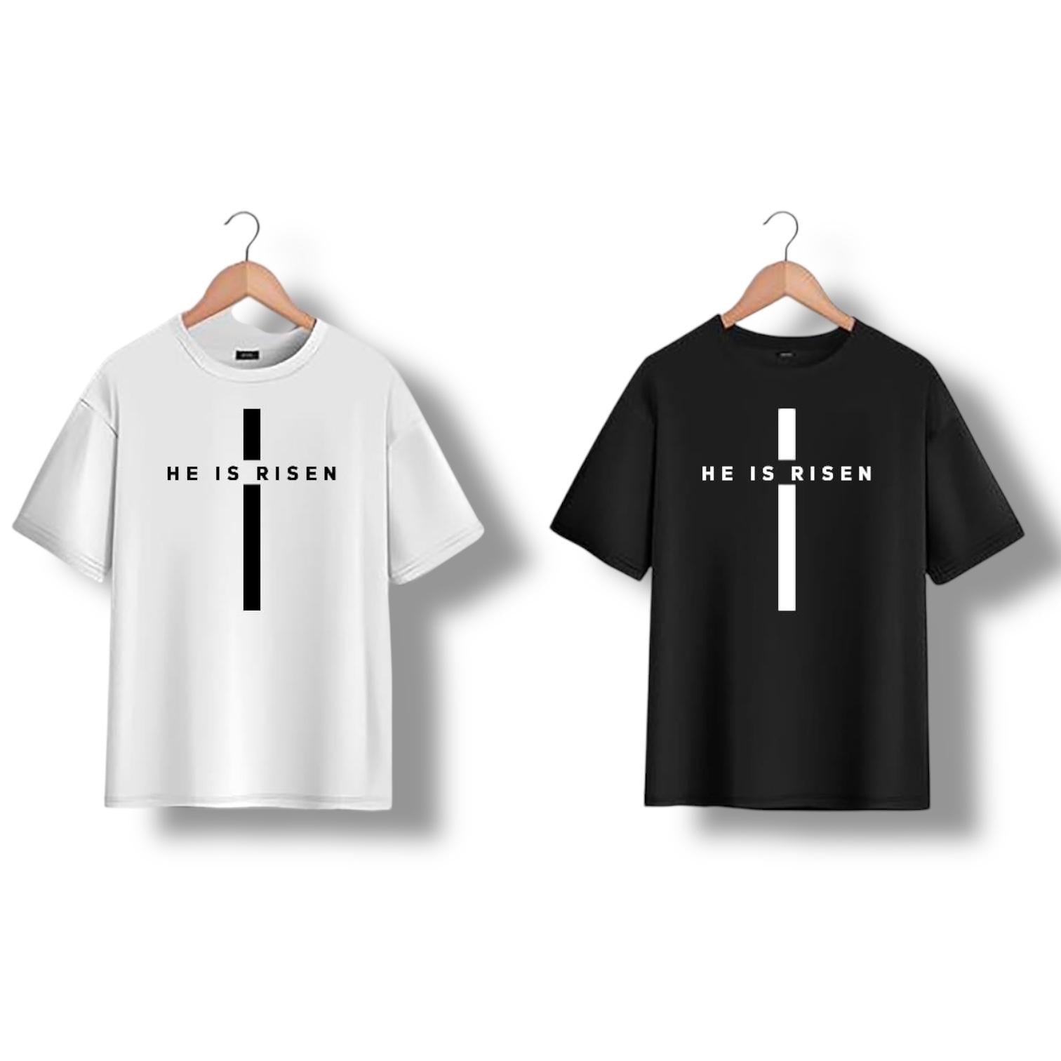 "He is Risen" on Cross kids Christian T-shirt in Black or White