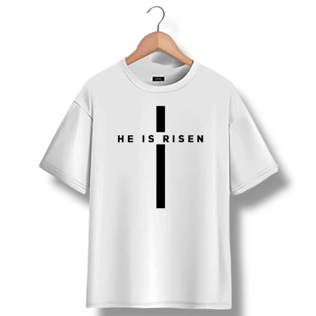 "He is Risen" on Cross kids Christian T-shirt in Black or White