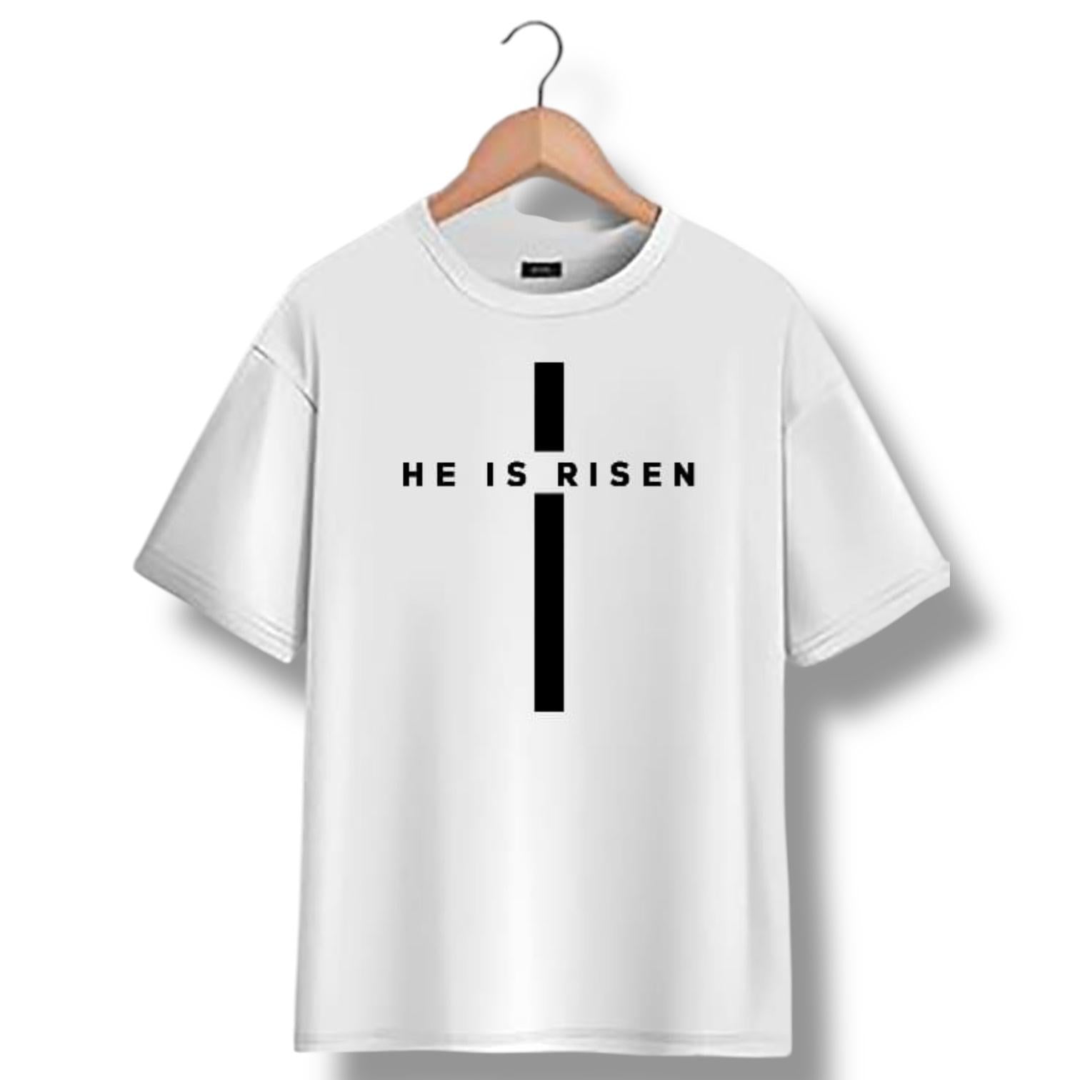 "He is Risen" on Cross kids Christian T-shirt in Black or White